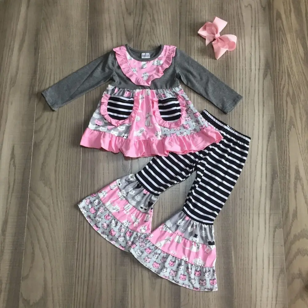 Girlymax/осенняя одежда для маленьких девочек Розовый топ с изображением кота Брюки