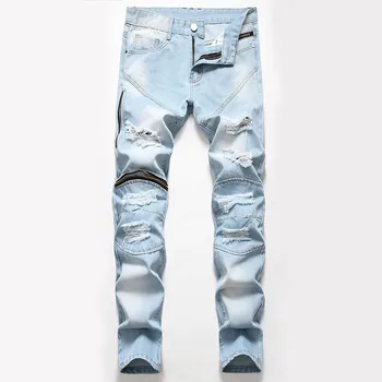 

MORUANCLE Men's Hi Street Destroyed Jeans Pants With Hoels Streetwear Ripped Denim Trousers Washed Blue Black Plus Size 28-42