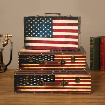 

Wooden Suitcase Flag Travel Wooden Storage Box Makeup Organizer Box Photography Props Treasure Chest Home Decoration