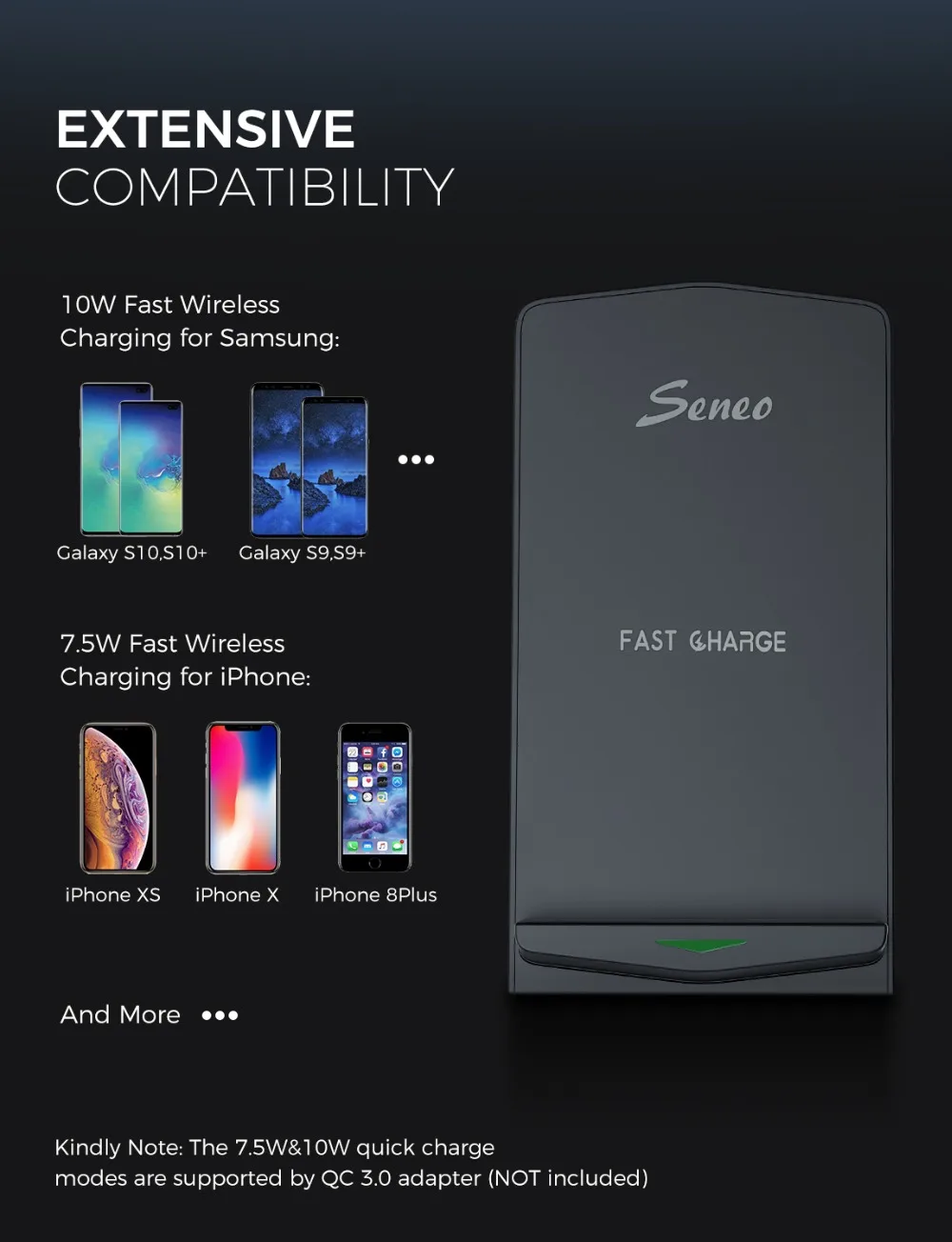 Seneo PA153 Wireless Charger Stand Quick Charger Dock 10W Fast Charging Samsung S10 S9 Note 9 10 7.5W For iPhone 11 XS XR X 8 (1)