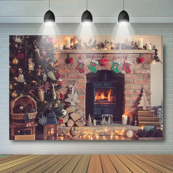 

Christmas Tree Fireplace Photography Background Decoration Retro Brick Wall Red Socks Stars Christmas Backdrops for Photo Studio