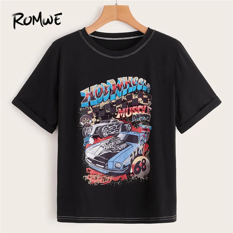 

Romwe Sport Letter and Car Print Gym Shirt Women Summer Short Sleeve Fitness Ladies Top 2019 Round Neck Running Shirt Sportswear
