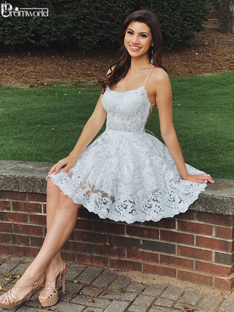 Cute A Line White Lace Short Prom Gown 