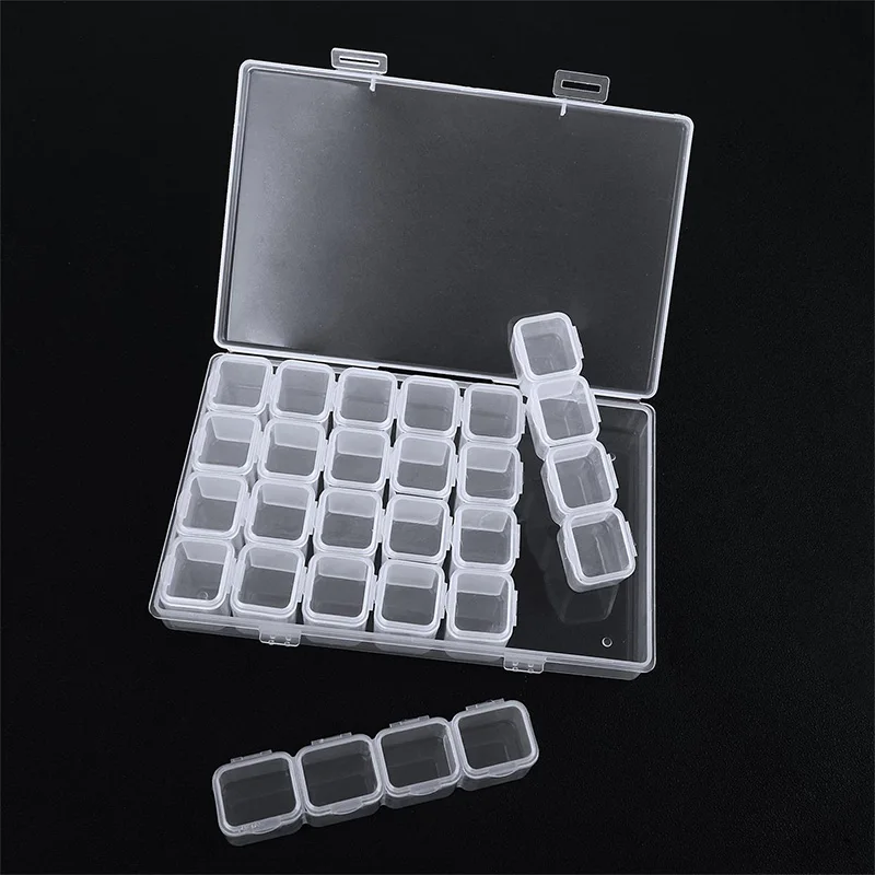 

28 Grids Transparent Jewelry Organizer Plastic Nail Rhinestone Beads Storage Box Fake Nails Earring Case Cover Container