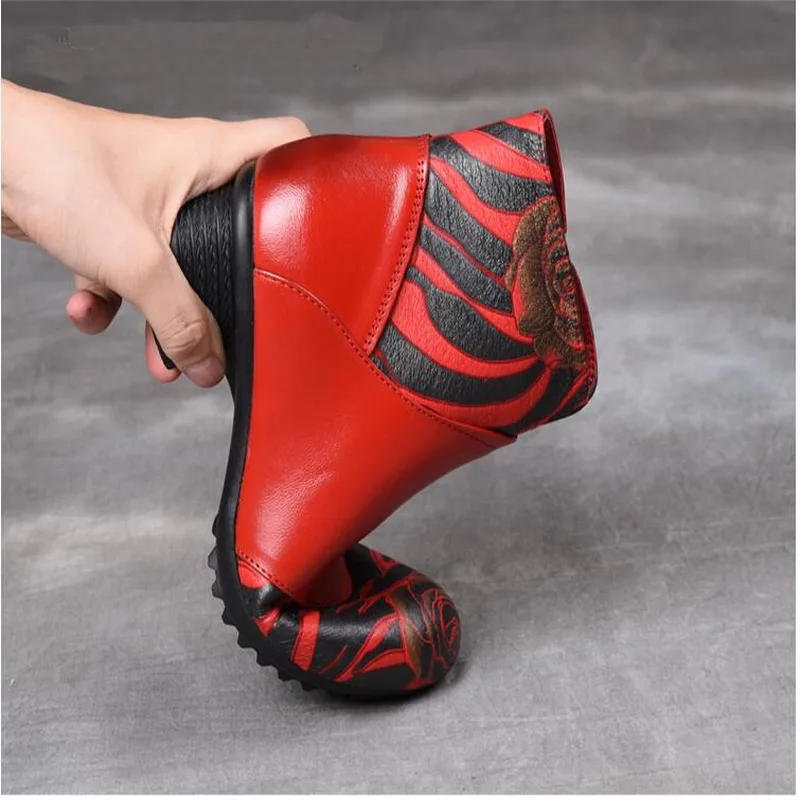 Autumn Winter New Retro Genuine Leather Flat Ankle Boots  Thick Heel Female Casual Shoes Women Snow Boots Mother Warm Boots