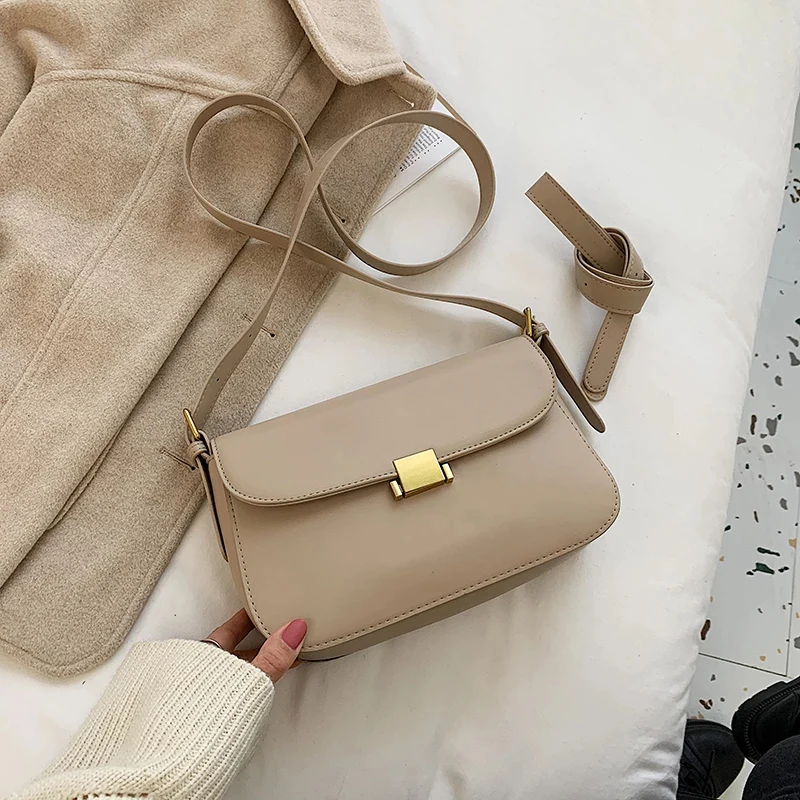 

2021 Winter New Shoulder Bag Fashion All-Match Messenger Bags Retro Lady Lock Small Square Bag Solid Color Female Mobile Wallet