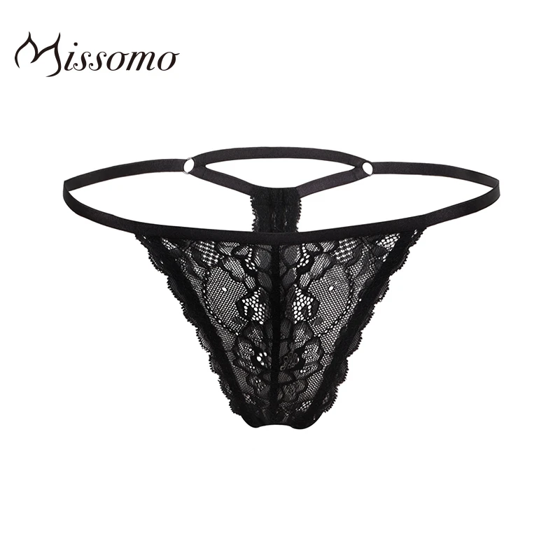 

Missomo New Fashion Women Black Simple Sexy Floral Lace Trim T-back Cross Straps Perspective Breathable Erotic Panties