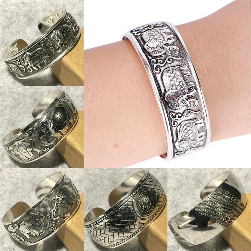1Pcs Vintage Gypsy Elephant Bracelets Wide Lucky Flower Printing Tibet Silver Plated Totem Cuff Bangles For Women Christmas Gift | Украшения
