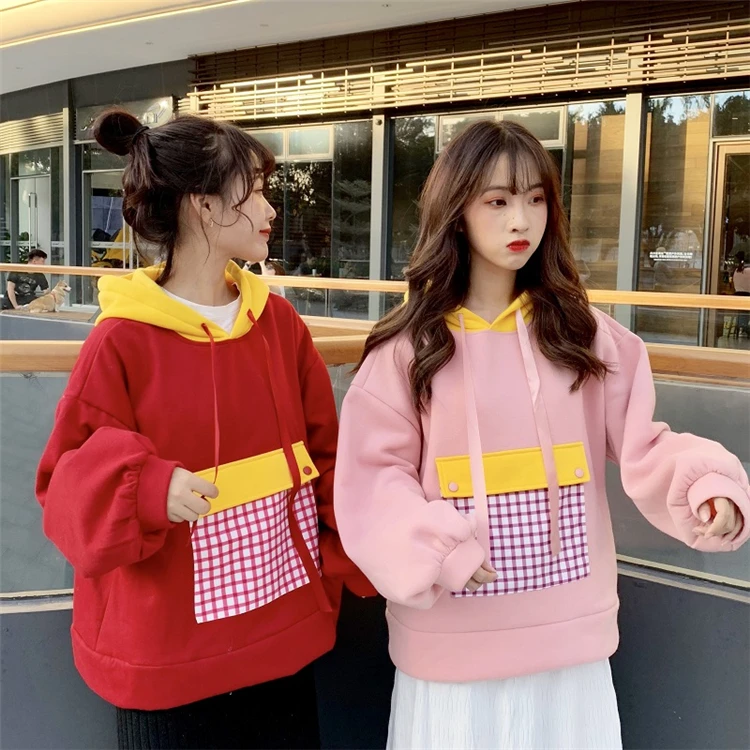 Лоскутная Толстовка в контрастную клетку с карманом и капюшоном Kawaii, пуловер с капюшоном, женская модная Корейская Лолита, милый топ, Студенческая одежда