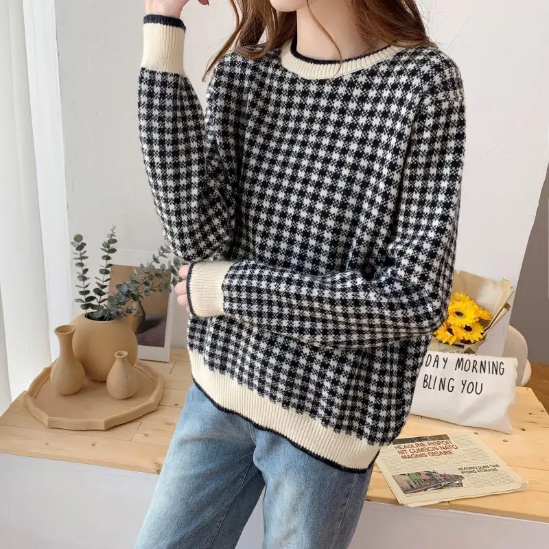 

2020 Autumn Winter Pullover Loose Languid Lazy Web Celebrity Sweater O-neck Small Fresh Sweet Long Sleeve Blouse Knitted Plaid
