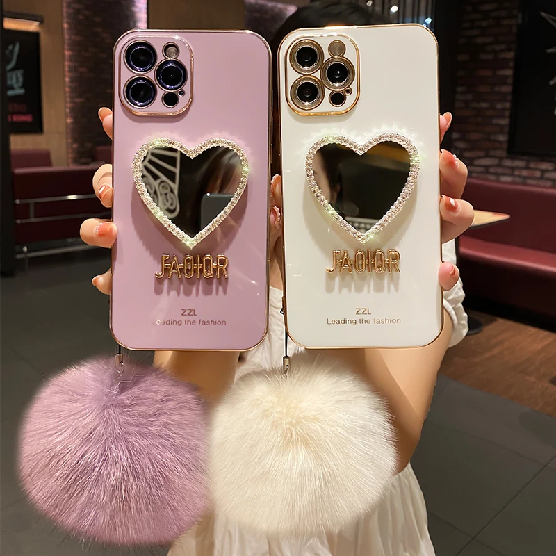 

Luxury Brand Plating Love Heart Mirror Hairball Phone Case For Iphone 13 12 11 Pro Max 6 7 Plus X XR Fashion Glitter Soft Cover
