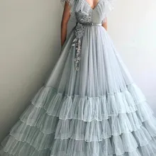 Серебряные мусульманские Вечерние платья А-силуэт v-образный вырез тюль цветы бисером Многоуровневое исламское Дубай Саудовская Аравия длинное вечернее платье для выпускного вечера