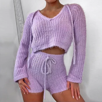 

Sexy V-neck Women Pajamas Knitted Suit New Solid Color Short Loose Sweater And Drawstring Shorts Knitted Sweater 2 Pcs Set