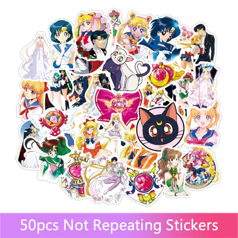 

50pcs New Anime Sailor Moon Water Ice Moon Stickers Motorcycle Skate Notebook Guitar Suitcase PVC Waterproof Stickers toys