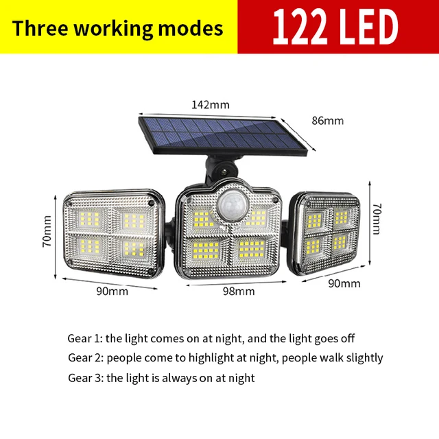 20w Solar Lights 108/122/138 LED Waterproof Outdoor Indoor Solar Lamp With Motion Sensor Adjustable Head Wide Lighting Angle 122LED