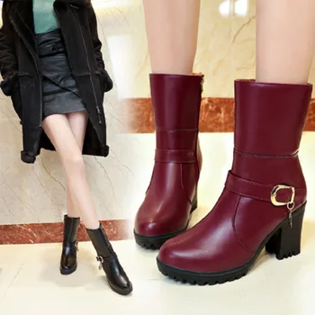 

2019 winter new women's short boots wild comfort plus velvet side zipper belt buckle two high-heeled thick heel women boots