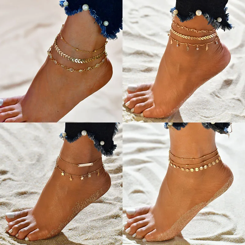 Fashion Women Heart Star Anklets Set Barefoot Sandals Foot Jewelry on Foot Ankle Bracelets For Female summer Beach Leg Chains