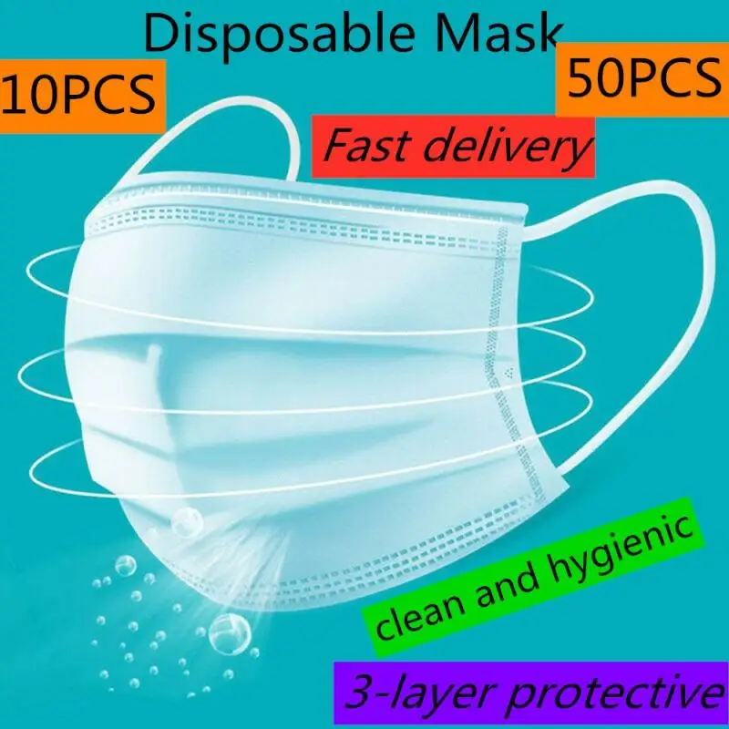 

10/50PCS Disposable Protective Mask Earloop Face Mouth Masks 3-layer Activated Filter Non-woven Protective Cover Masks as FFP2