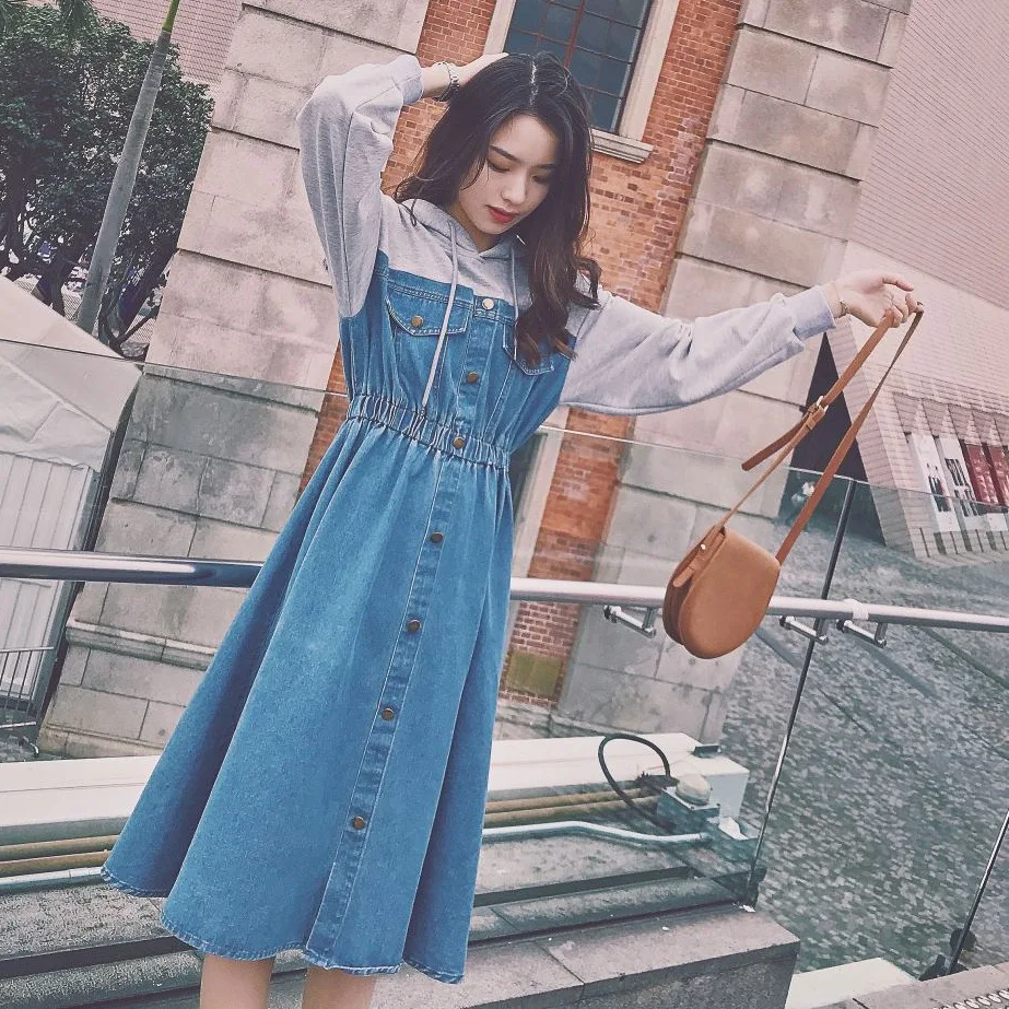 

Photo Shoot CHIC Elegant Ol Denim Blue Mid-length Hooded Drawstring Waist Hugging Single Breasted Joint Mock Two-Piece Dress