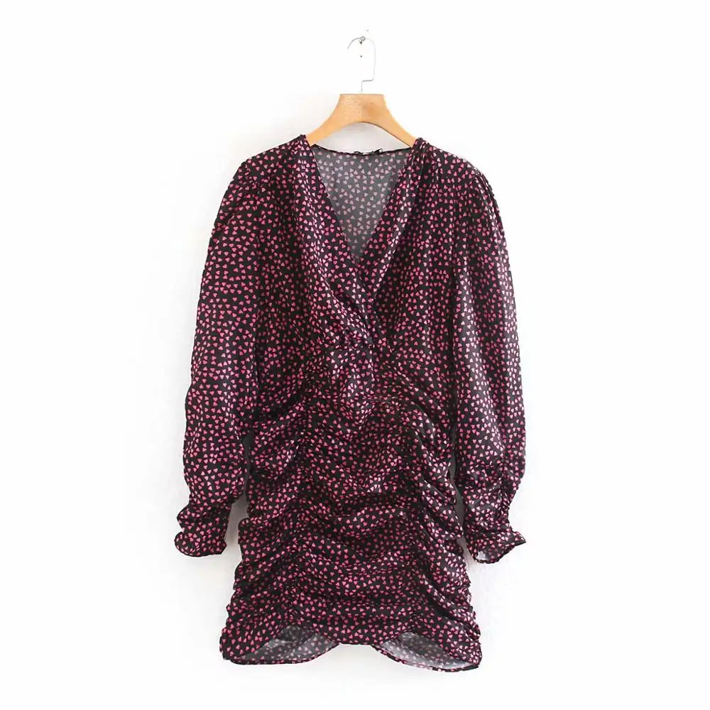 Cena Nowy 2020 kobiety elegancki v neck nadruk w serca plisowana mini sukienka kobiet bufiaste rękawy vestidos swobodny szyk slim sukienek DS3203
