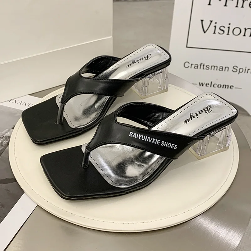 

Summer Beach Flip Flops Women Slippers Clear Heels Soft Leather Designer Slides Square Toe High Heels Sandals Women Shoes Silver