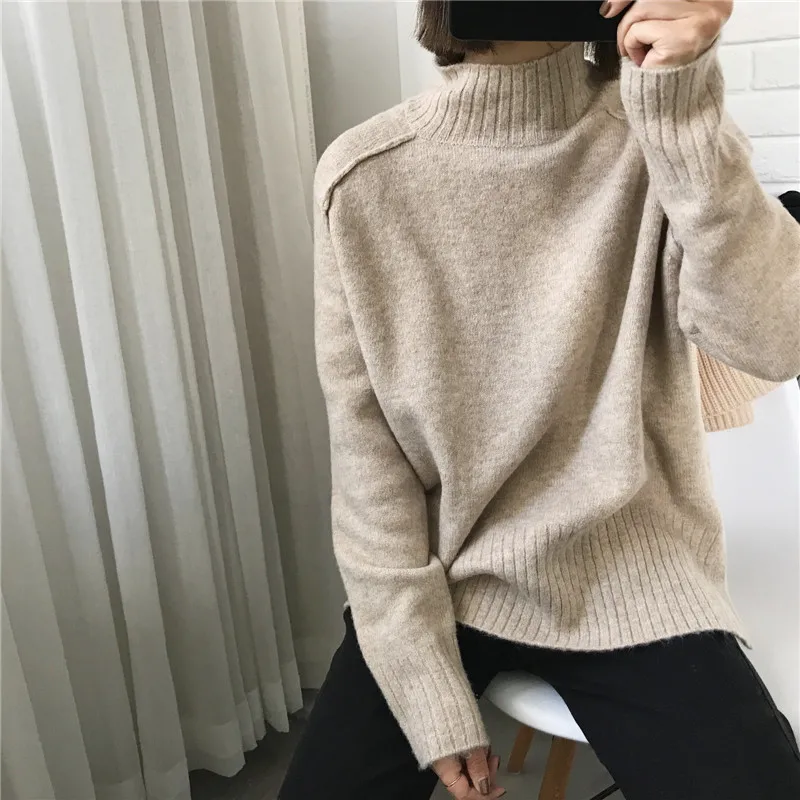 Пуловер с воротником средней длины с длинными рукавами женский свитер осенний и зимний свободный однотонный вязаный свитер
