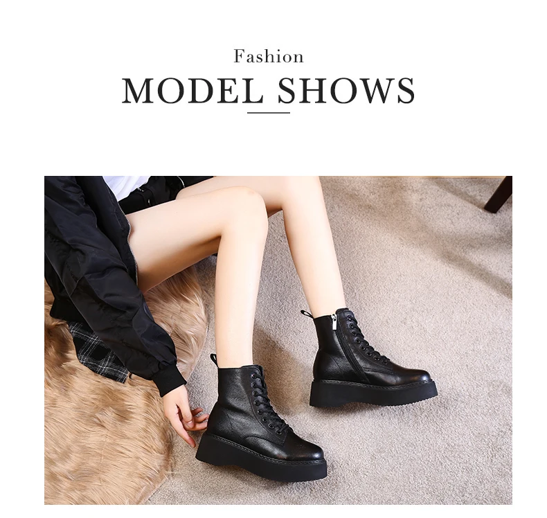 Women Boots Genuine Leather Ankle Boots flat Platform Boots Fashion zipper Thick bottom Black Ladies Shoes
