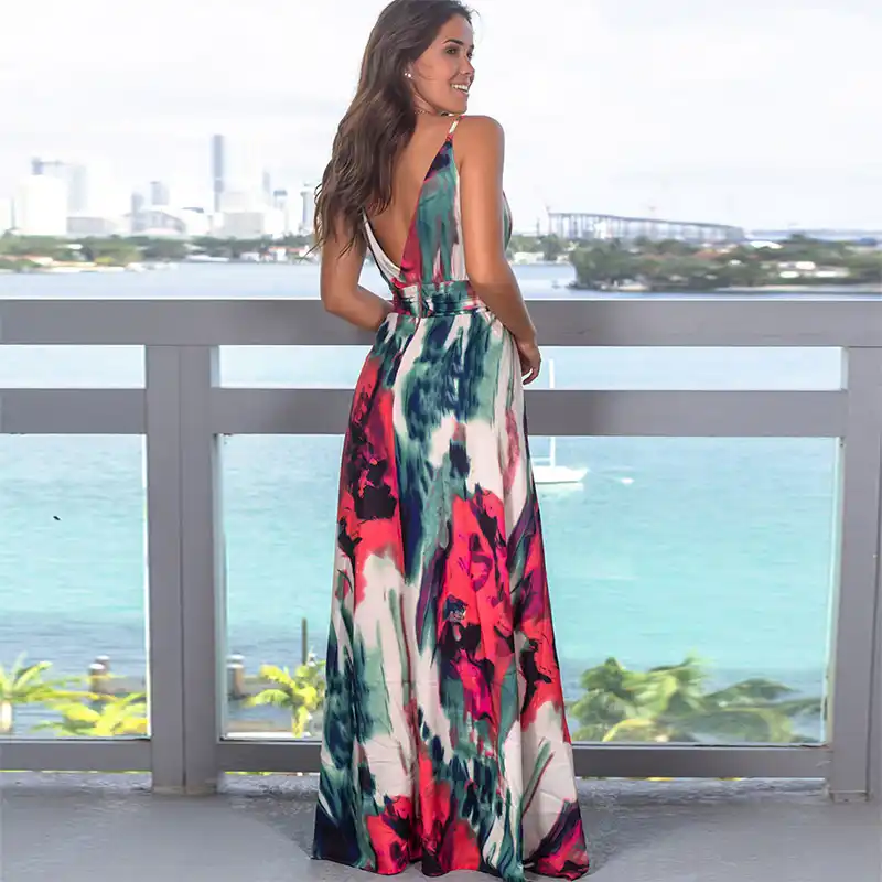 tropical leaf print maxi dress