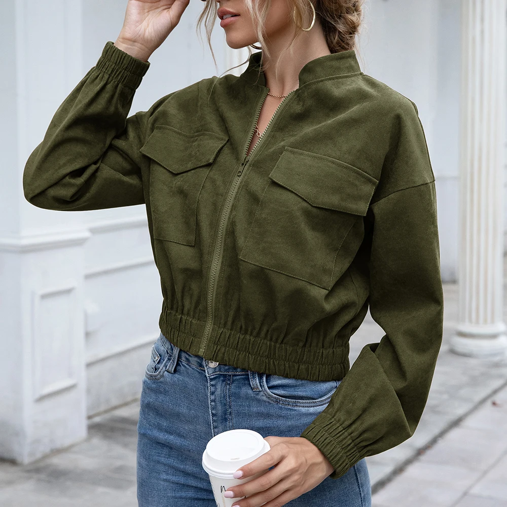 

Stand Collar Coat Women 2020 Autumn Fashion Long Sleeve Coat Stylish Casual Pocket Solid Color Zipper Short Jacket for Ladies