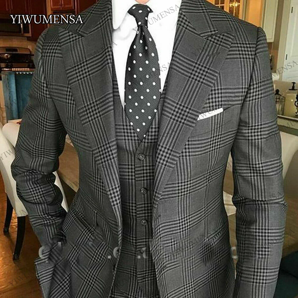 British Houndstooth Business Suits Men Formal Party Prom Blazer Man Banquet Party Groom Wedding Tuxedo 3 Pieces Set Customized