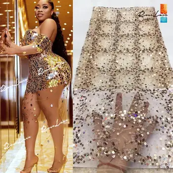 

2020 High Quality Bead Tube Embroidery Mesh Net Lace Fabrics With Sequins Gold Sequined African Dubai Wedding Prom Net Material
