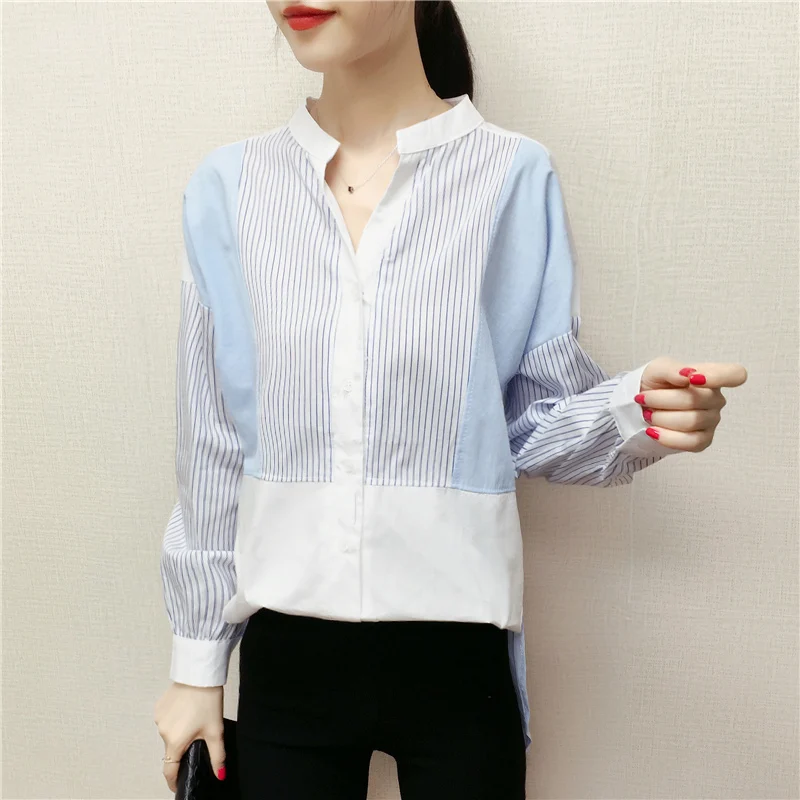 Blusas mujer de moda, женские офисные топы с v-образным вырезом, блузка, женская шифоновая блузка в полоску с длинным рукавом, женские рубашки, женские топы C377
