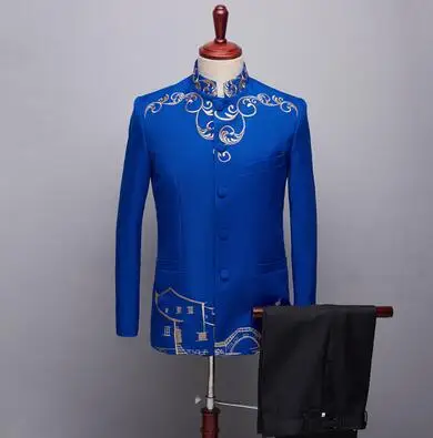 Black Blazer men Chinese tunic suit set with pants mens wedding suits costume singer star style stage clothing formal dress