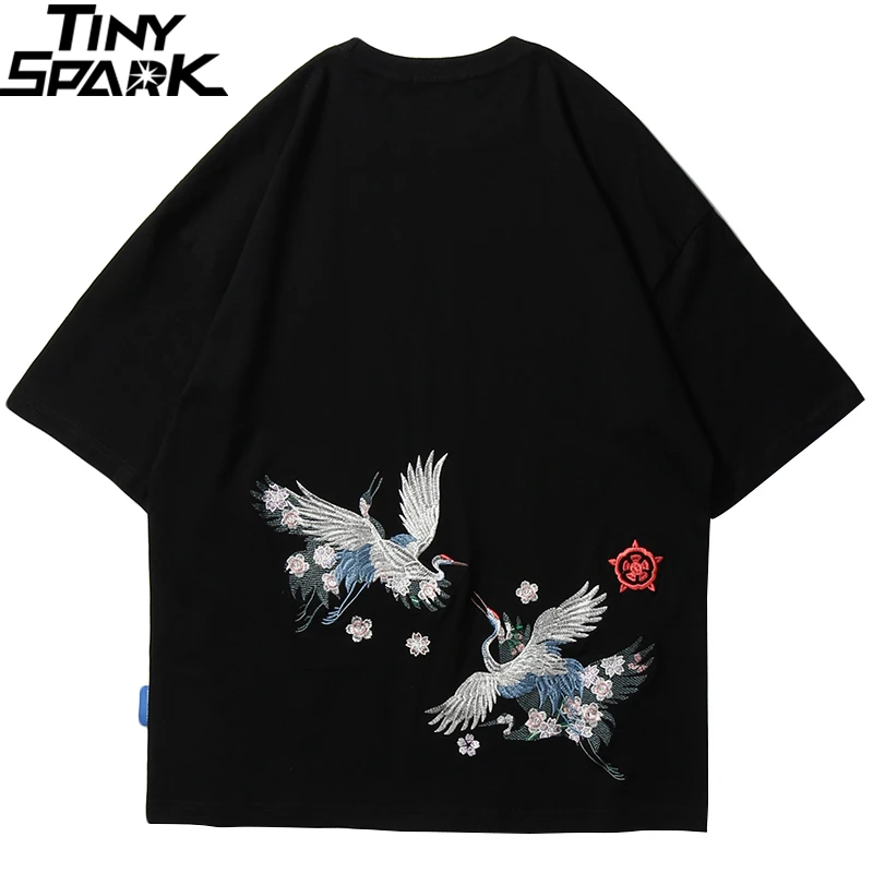 

Hip Hop T Shirt Men 2020 Harajuku Embroidery Crane T-Shirt Streetwear Japanese Style Clothing Cotton Tshirt Black Tops Tees New