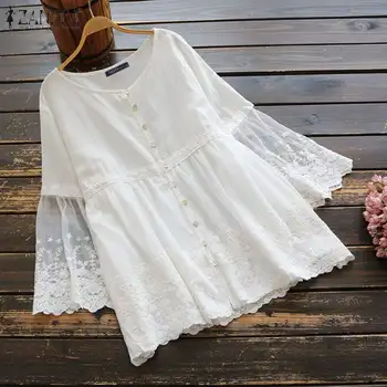 

Blusas Top ZANZEA Summer Vintage Shirts Solid Lace Crochet Patchwork Blouse Women 3/4 Sleeve Cotton Tunic Tops Female Chemise