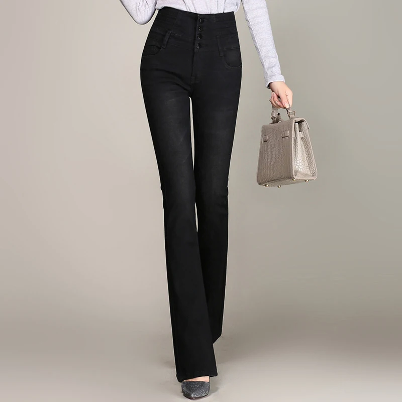 Nonis плюс размер 26-33 обтягивающие новые женские белые синие джинсы с высокой талией расклешенные брюки женские брюки - Цвет: Black