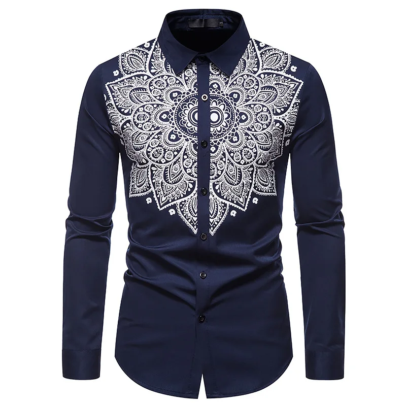 

Mens Hipster Mandala Floral Print Dress Shirts Slim Fit Long Sleeve Shirt Men Casual Wedding Party Social Shirt Male Camisas XXL