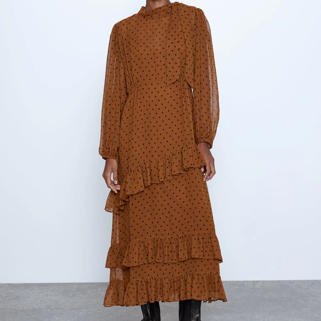 

2019 ZA Newly Fashion Vintage Maxi Dress Women Autumn Trendy Casual Lantern Sleeve Plka Dots Dress Fall Clothing Wholesale