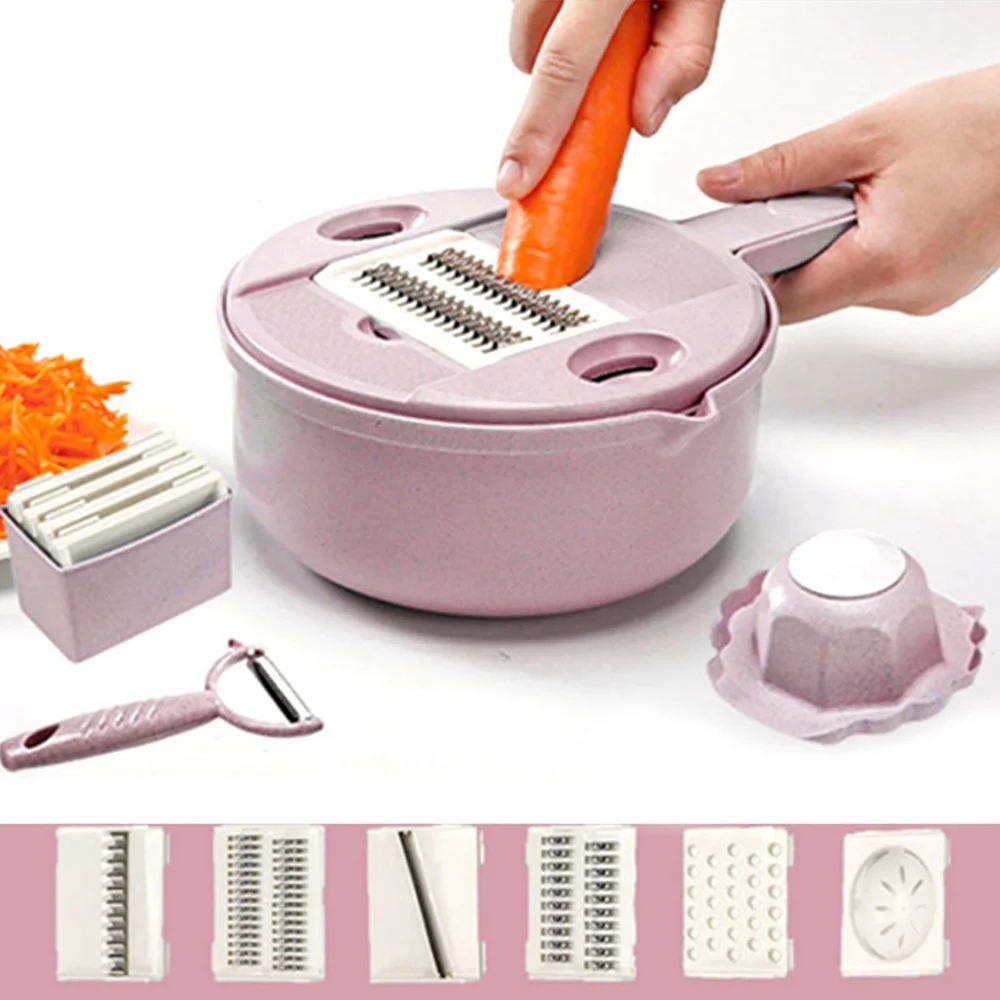 12pcs/set Slicer Vegetable Slicer Potato Peeler Carrot Onion Grater with Strainer Household Vegetable Cutter Kitchen Accessories - Color: pink