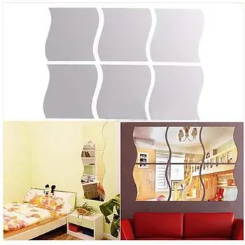 

New 6pcs Square Wall Mirror Sticker Pattern Waves Silver Mural Style Nursery Decoration