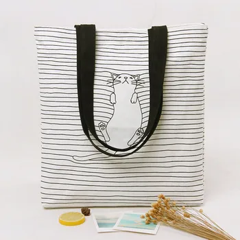 

&35 Casual Women Shopper Bags Canvas Bag Simple Cute Cat Totes Striped Shoulder Bags Bolsos De Paja Verano 2020 Torebki Damskie
