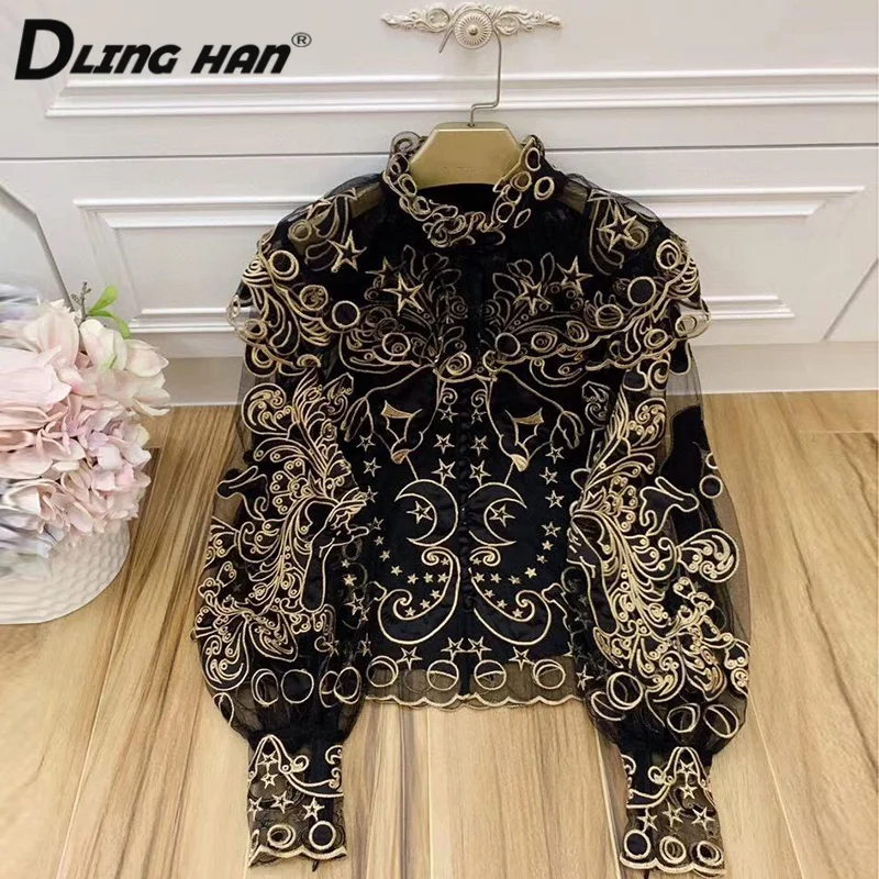 DLINGHAN Vintage Stand Collar Black Mesh Shirt