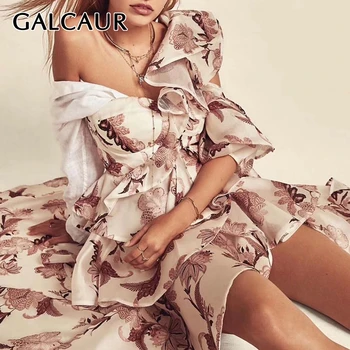 

GALCAUR Print Ruffle Dress For Women Asymmetrical Collar Off Shoulder High Waist Dresses Female 2020 Spring Fashion Clothes New