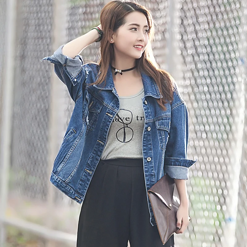

2020 autumn new retro denim jacket female loose students loose wild hole jacket denim female jacket