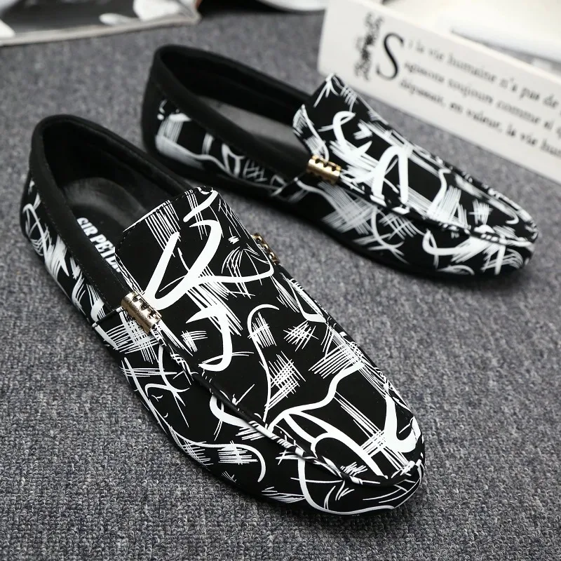 

Moccasins Mens Black Printed Loafers Peas Shoes Breathable Lightweight Men Slip On Driving Loafer Casual Flats Soft Leather Shoe