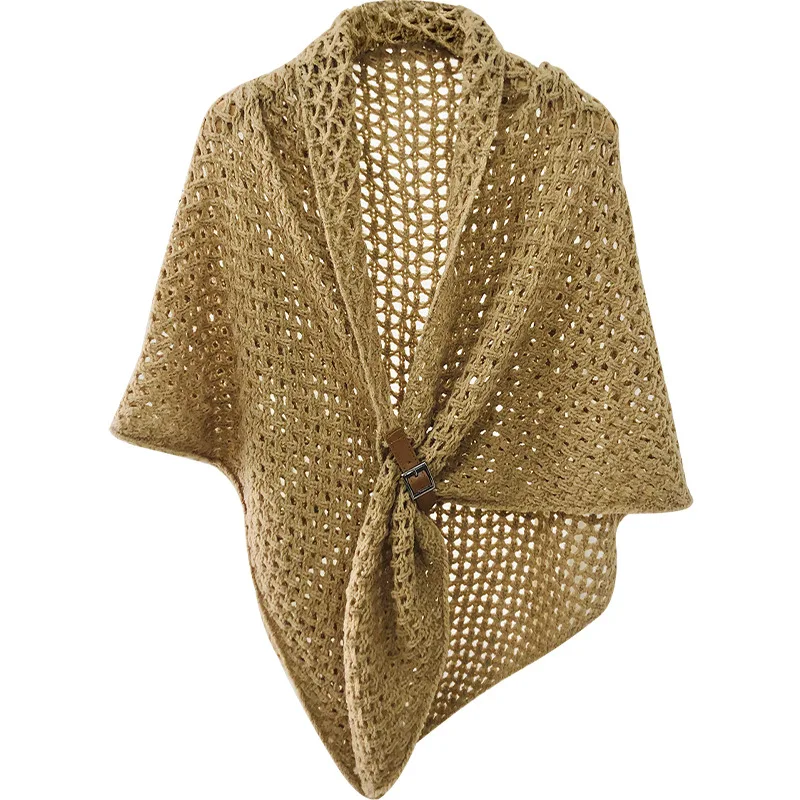 

Scarves Wraps Korean style hollow leather buckle big triangle shawl cloak solid color warm decorative scarf triangle scarf women