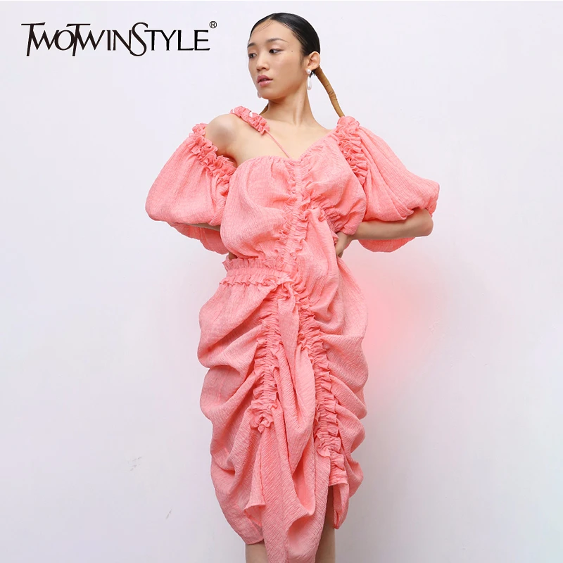 TWOTWINSTYLE Elegant Irregular Dress Women Asymmetrical Collar Lantern Half Sleeve High Waist Drawstring Dresses Female Clothes TWOTWINSTYLE Elegant Irregular Dress Women Asymmetrical Collar Lantern Half Sleeve High Waist Drawstring Dresses Female Clothes