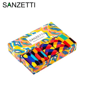 

SANZETTI 5 Pairs/2020 Colorful Bright Men‘s Combed Cotton Socks Novelty Cool Diamond Geometry Happy Funny Man Socks For Gifts