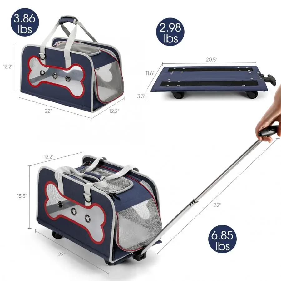 Колесная сумка для домашних животных, синий, красный, 4 универсальные колеса, рисунок кости, несколько видов использования, переноска для кошек и собак