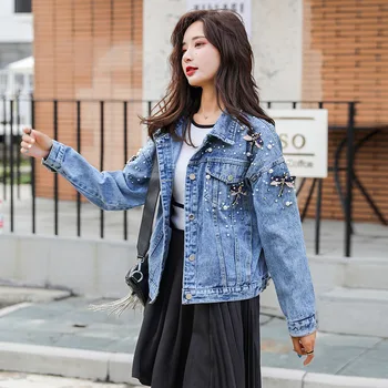

2019 Fall Women Short Beaded Denim Jacket Loose Women's Jacket Lapel Long Sleeves Jackets for Women Casaco Feminino Coat Female